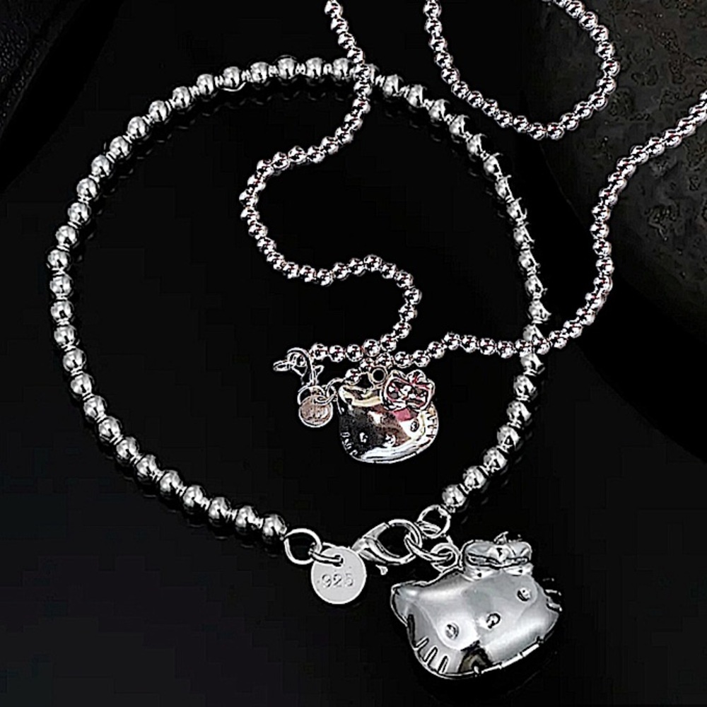 Hello Kitty Sterling Silver Beaded Bracelet Necklace Set